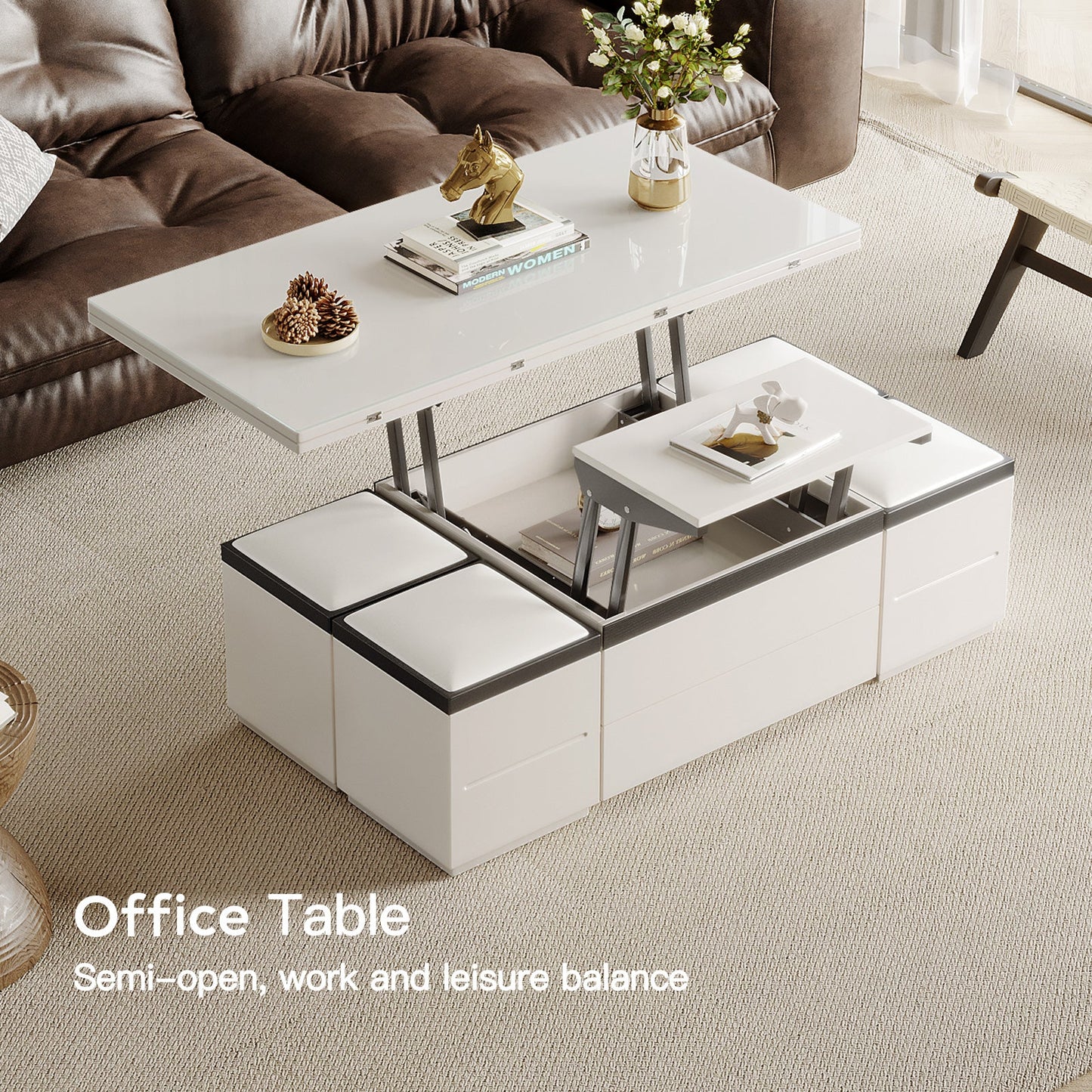 Guyii Extendable Coffee Table with 4 Storage Stools, Multifunctional Lift Top Folding Dining Table for Living Room|G520-UK