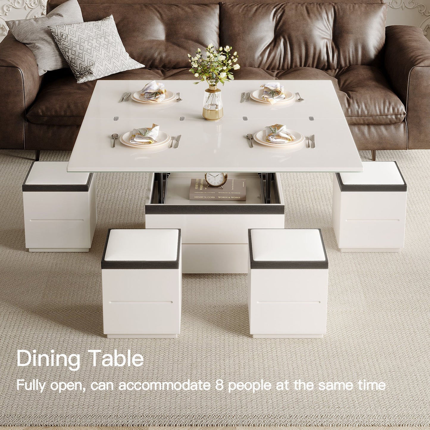 Guyii Extendable Coffee Table with 4 Storage Stools, Multifunctional Lift Top Folding Dining Table for Living Room|G520-UK