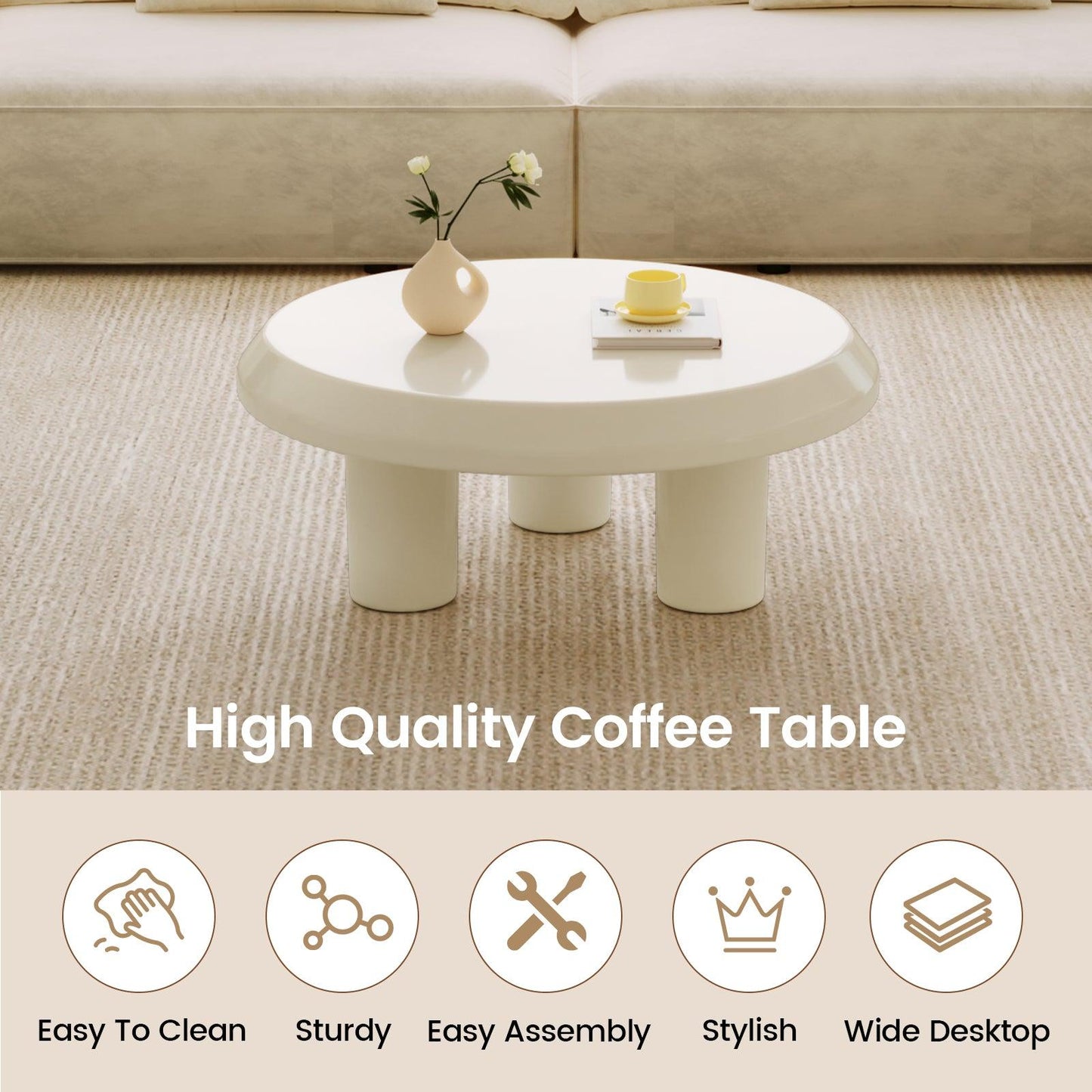 Guyii Cream White Round Coffee Table, Modern Living Room Center Table