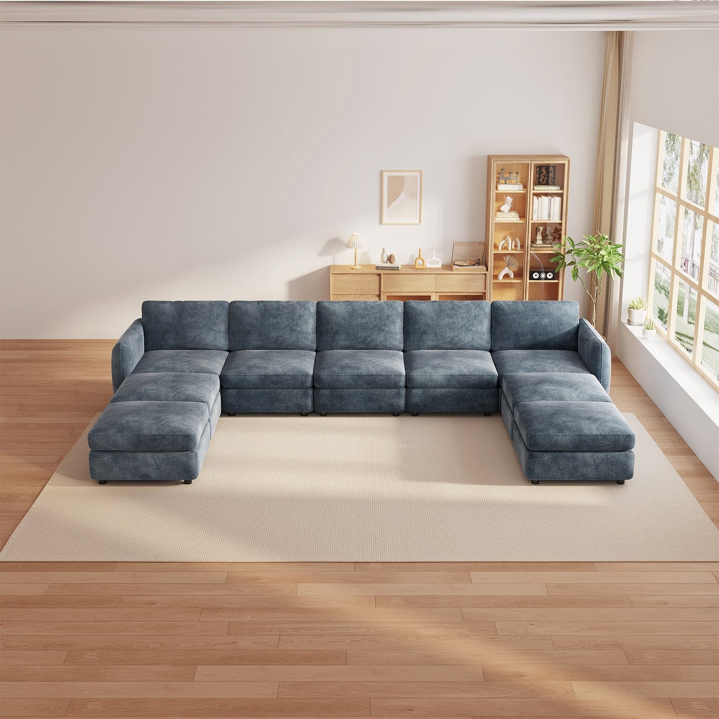 Guyii  Oversized U-Shaped Modular Sectional Sofa with Storage Ottomans, 5-9 Seater  Couch for Living Room, Blue Fabric, Easy Assembly