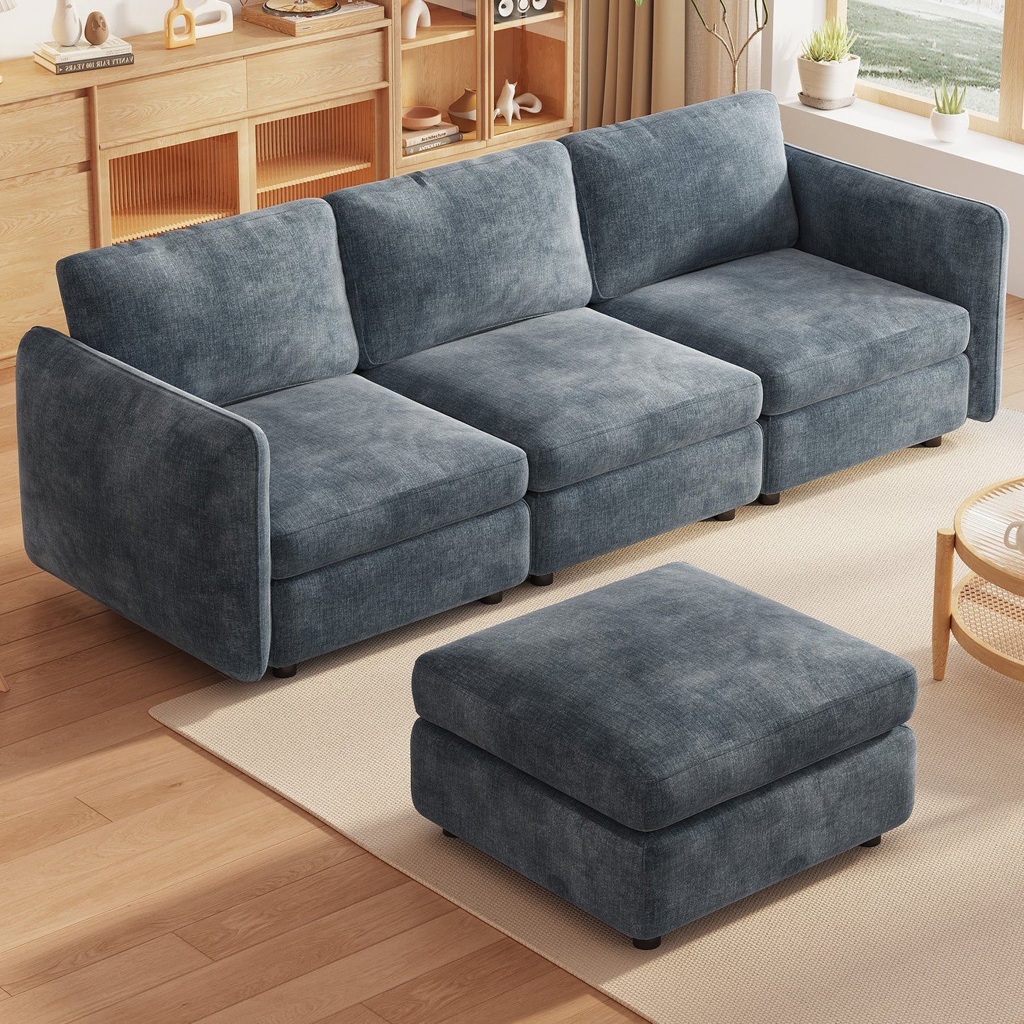Guyii  Oversized U-Shaped Modular Sectional Sofa with Storage Ottomans, 5-9 Seater  Couch for Living Room, Blue Fabric, Easy Assembly