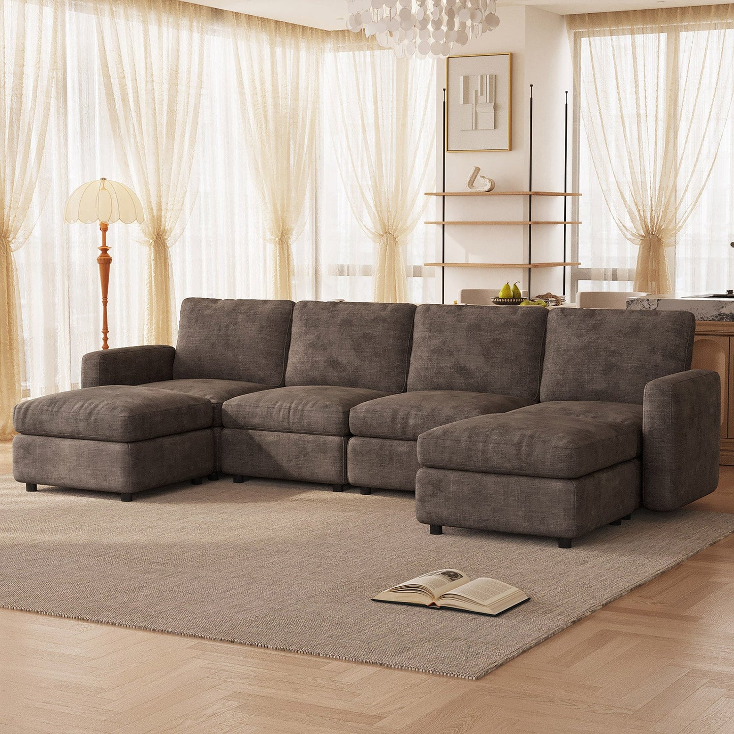 Guyii Oversized Modular Sectional Sofa, Dark Brown 4-9 Seater U-Shaped Convertible Couch with Storage Ottomans, Fabric, Easy Assembly