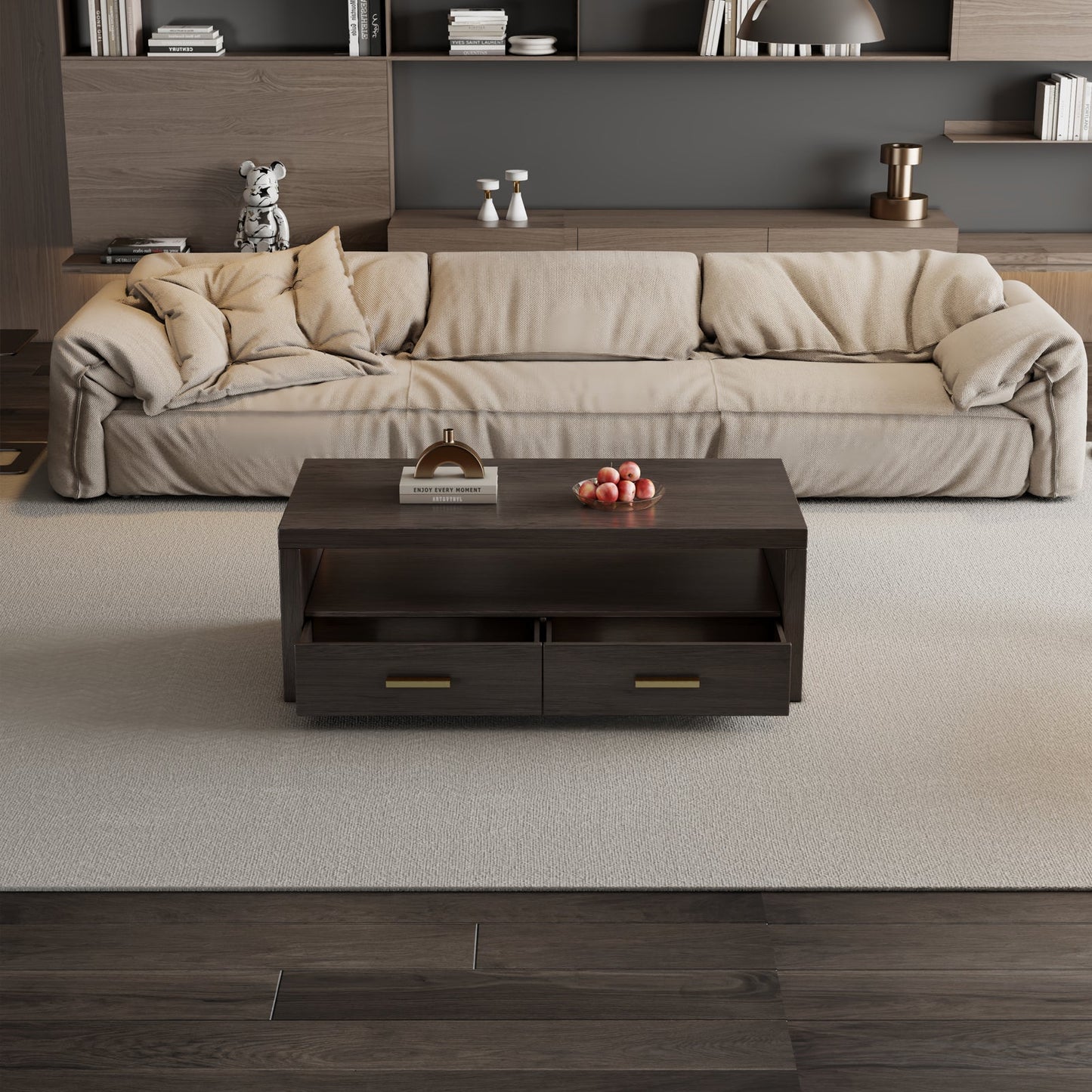 Guyii Walnut Brown Coffee Table with Storage, 47", 2 Drawers & Open Shelf