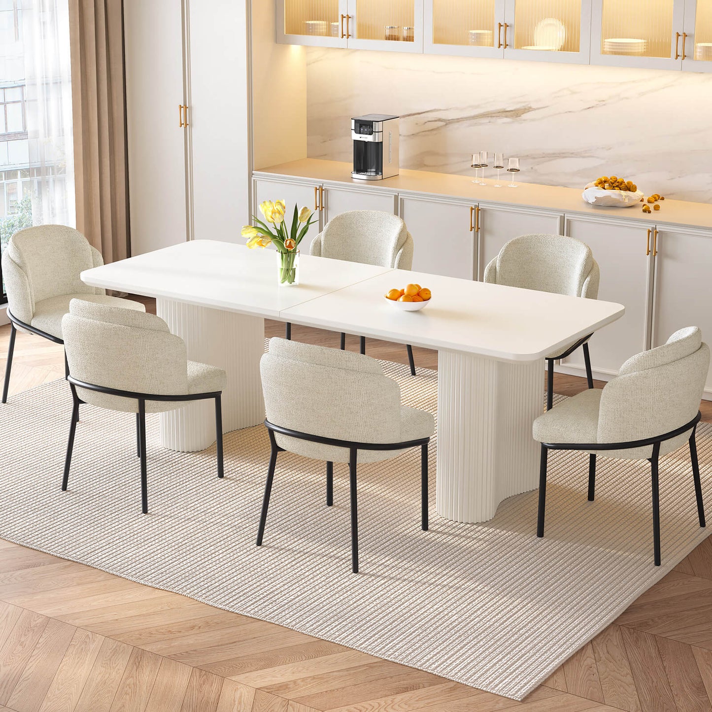 Guyii White Dining Table Set, Modern Rectangular Kitchen Table with 4-8 Chairs