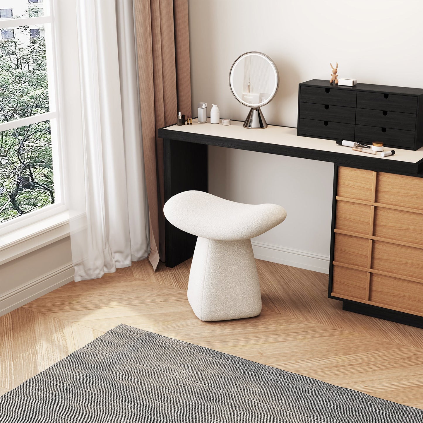 Guyii Boucle Curved Saddle Makeup Stool, Modern Footrest for Dressing Table, Entryway, Living Room