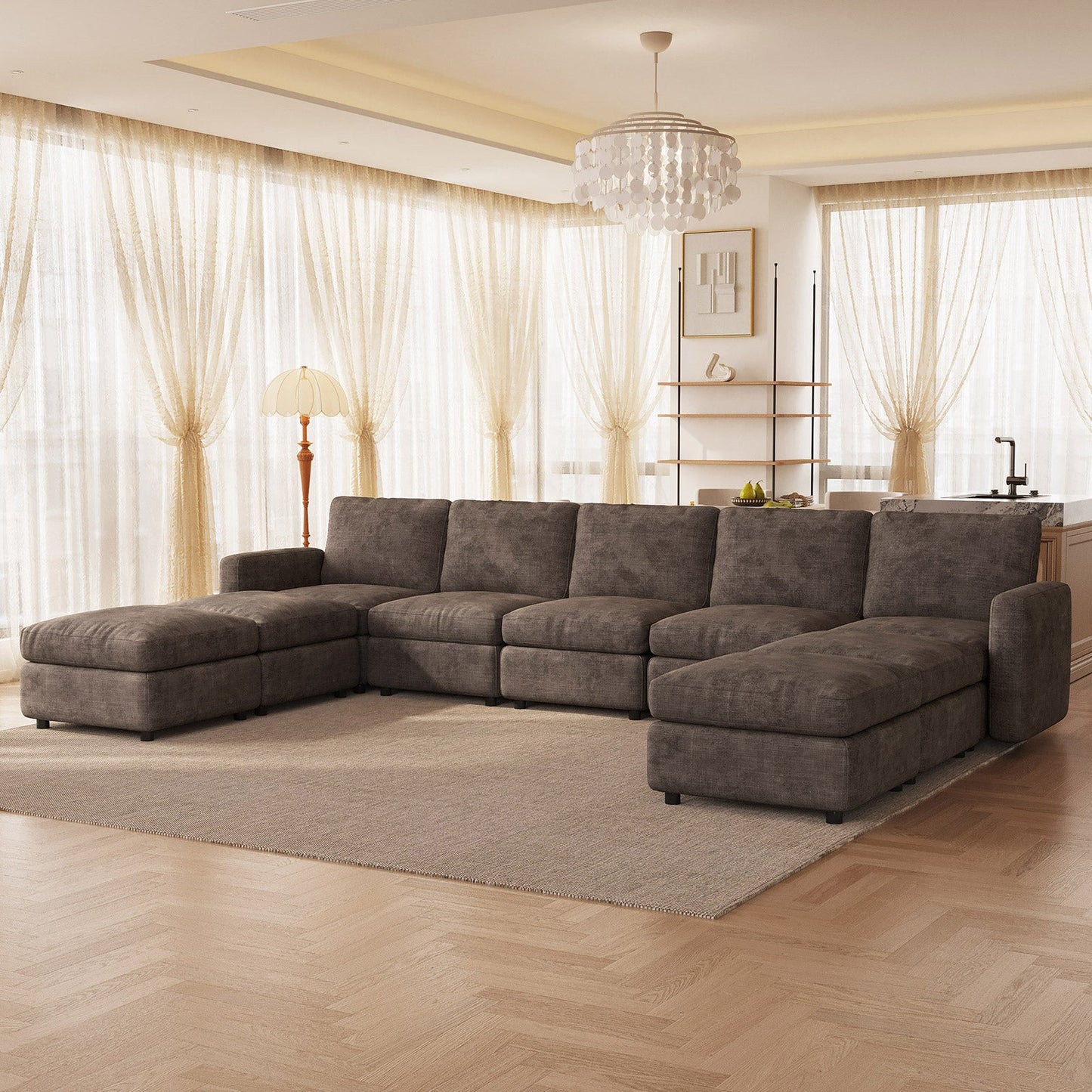 Guyii Oversized Modular Sectional Sofa, Dark Brown 4-9 Seater U-Shaped Convertible Couch with Storage Ottomans, Fabric, Easy Assembly