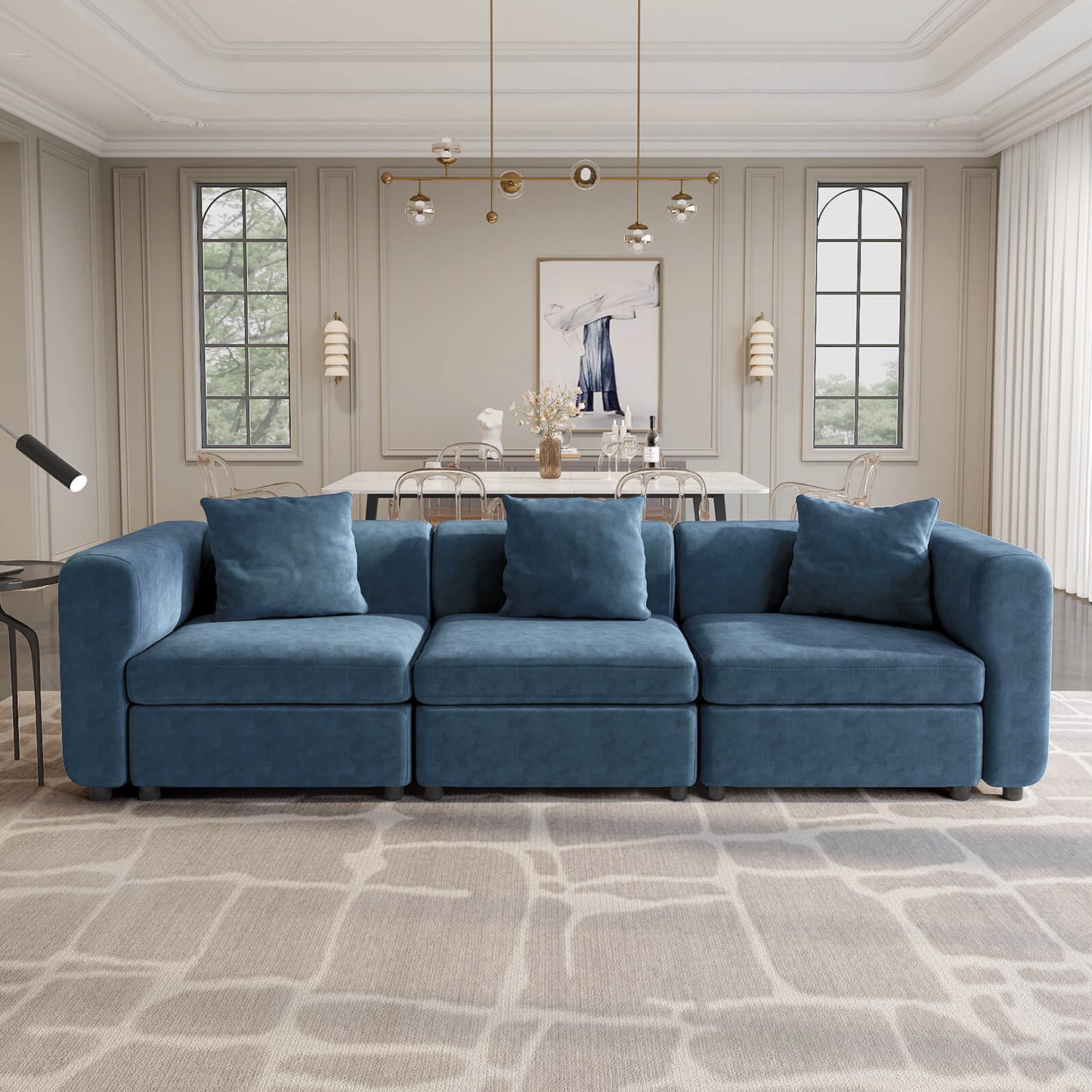 Guyii Blue Velvet Sectional Sofa, Modern Oversized 3-Seat Couch with 3 Pillows