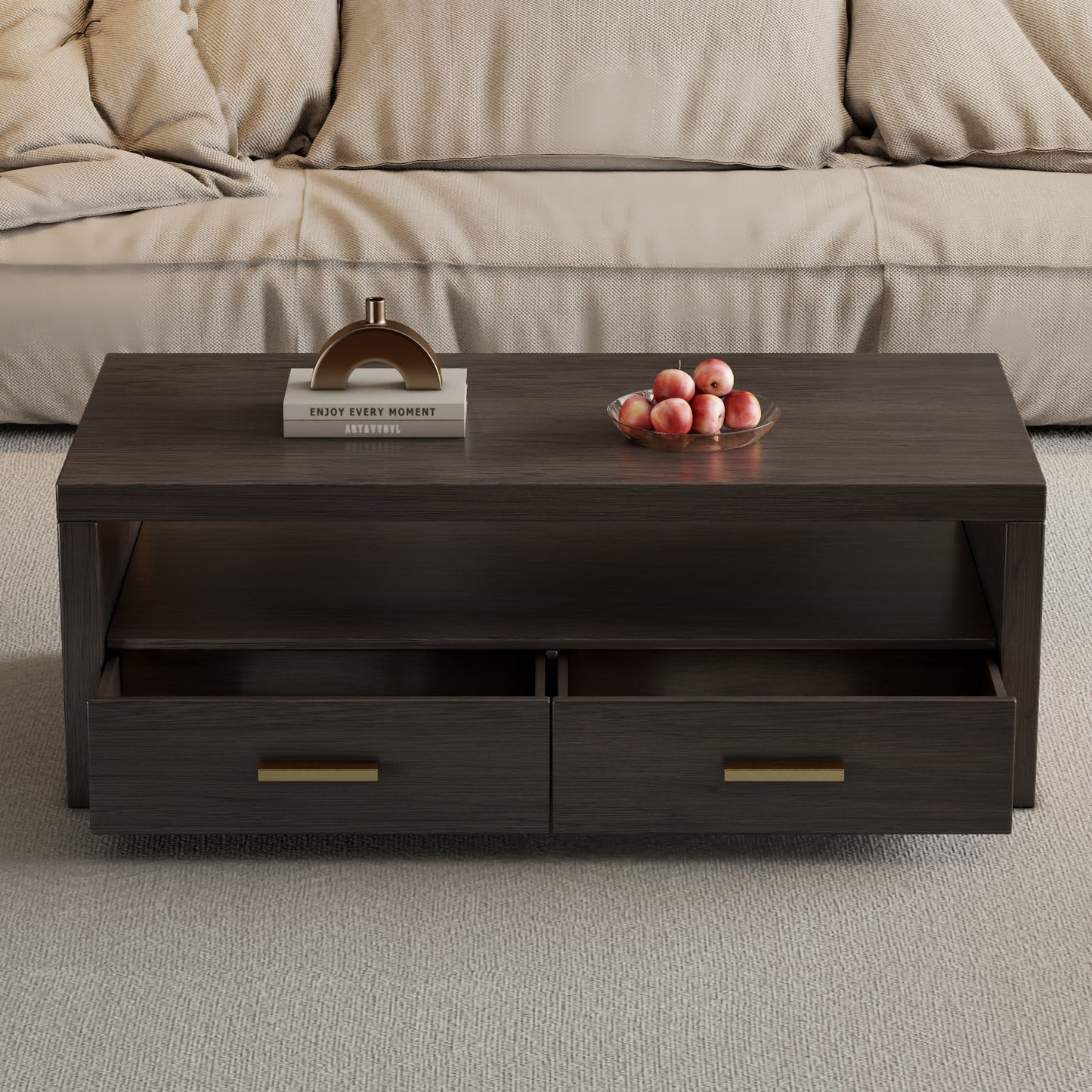 Guyii Walnut Brown Coffee Table with Storage, 47", 2 Drawers & Open Shelf