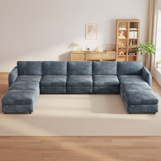 Guyii  Oversized U-Shaped Modular Sectional Sofa with Storage Ottomans, 5-9 Seater  Couch for Living Room, Blue Fabric, Easy Assembly