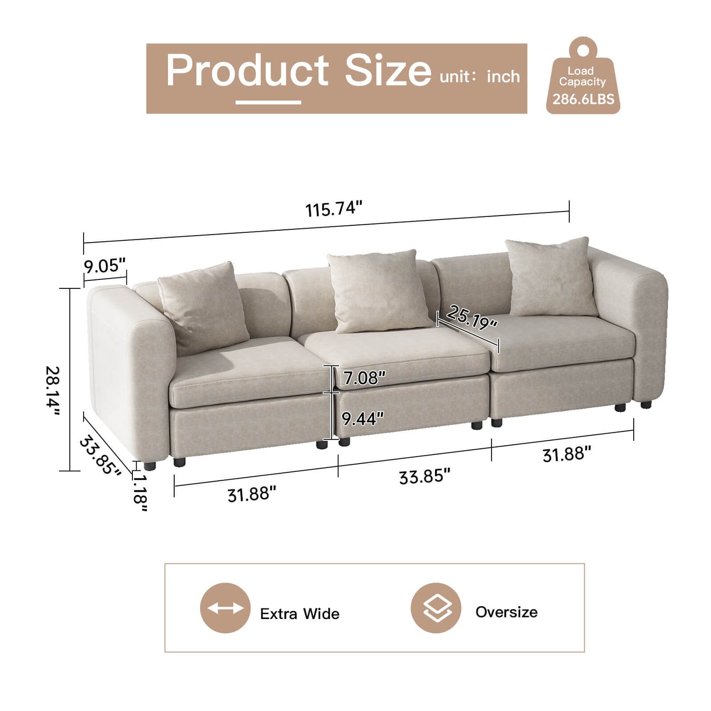 Guyii Velvet Sectional Sofa, Modern Oversized 3-Seat Sofa with 3 Pillows