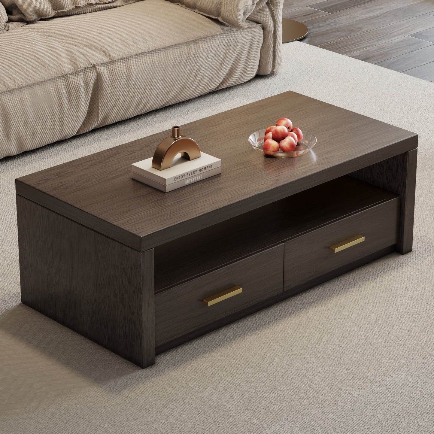 Guyii Walnut Brown Coffee Table with Storage, 47", 2 Drawers & Open Shelf
