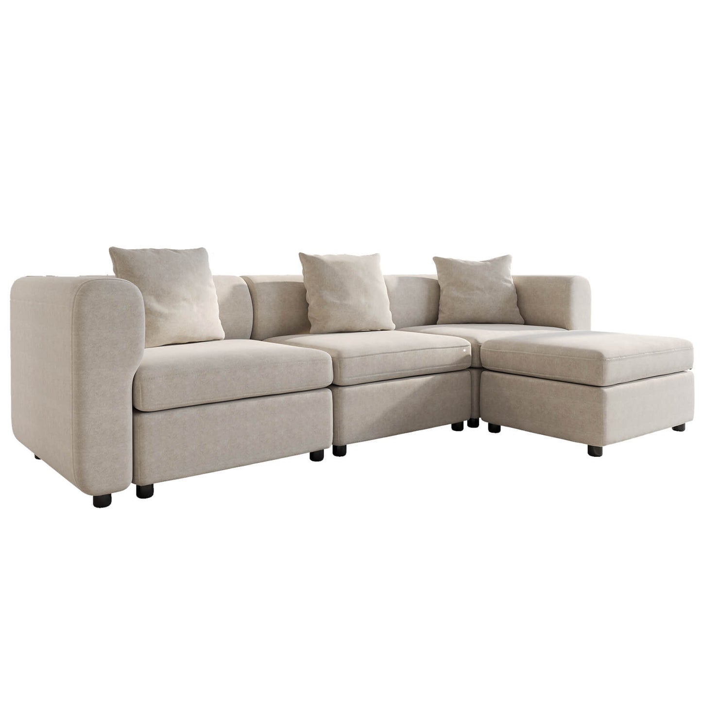 Guyii Beige Velvet Sectional Sofa, Modern Oversized 4-Seater Couch with 3 Pillows and 1 Storage Ottoman