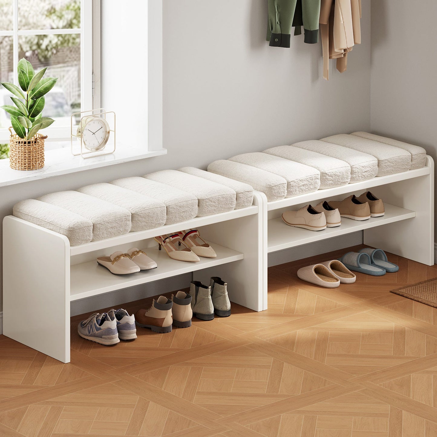 Guyii Cream White Shoe Bench with Storage – Modern Entryway Stool with Padded Seat for Bedroom, Hallway, Living Room