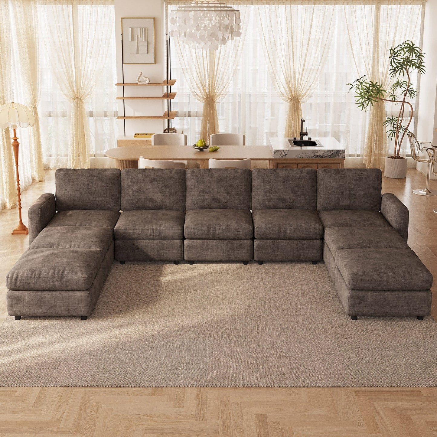 Guyii Oversized Modular Sectional Sofa, Dark Brown 4-9 Seater U-Shaped Convertible Couch with Storage Ottomans, Fabric, Easy Assembly