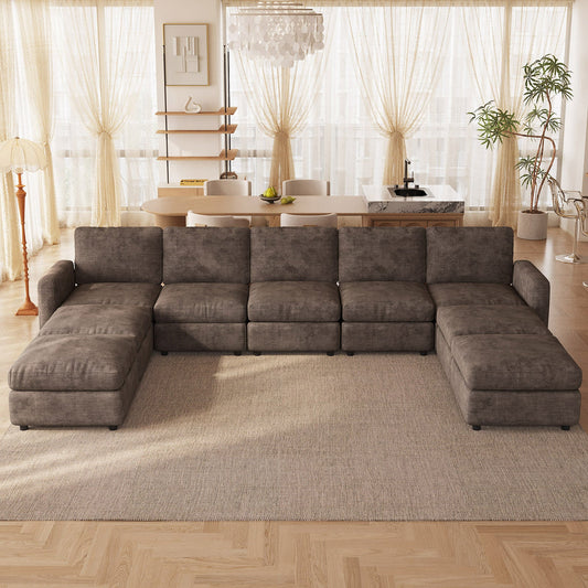 Guyii Oversized Modular Sectional Sofa, Dark Brown 4-9 Seater U-Shaped Convertible Couch with Storage Ottomans, Fabric, Easy Assembly