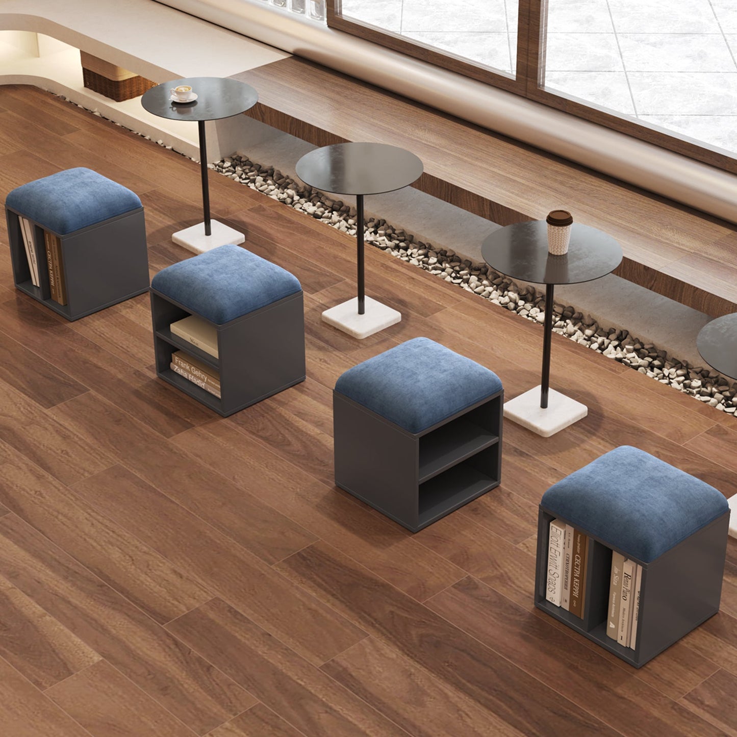Guyii Velvet Shoe Stool with Padded Seat, Blue Entryway Stools with Storage, Multi-Functional Stool