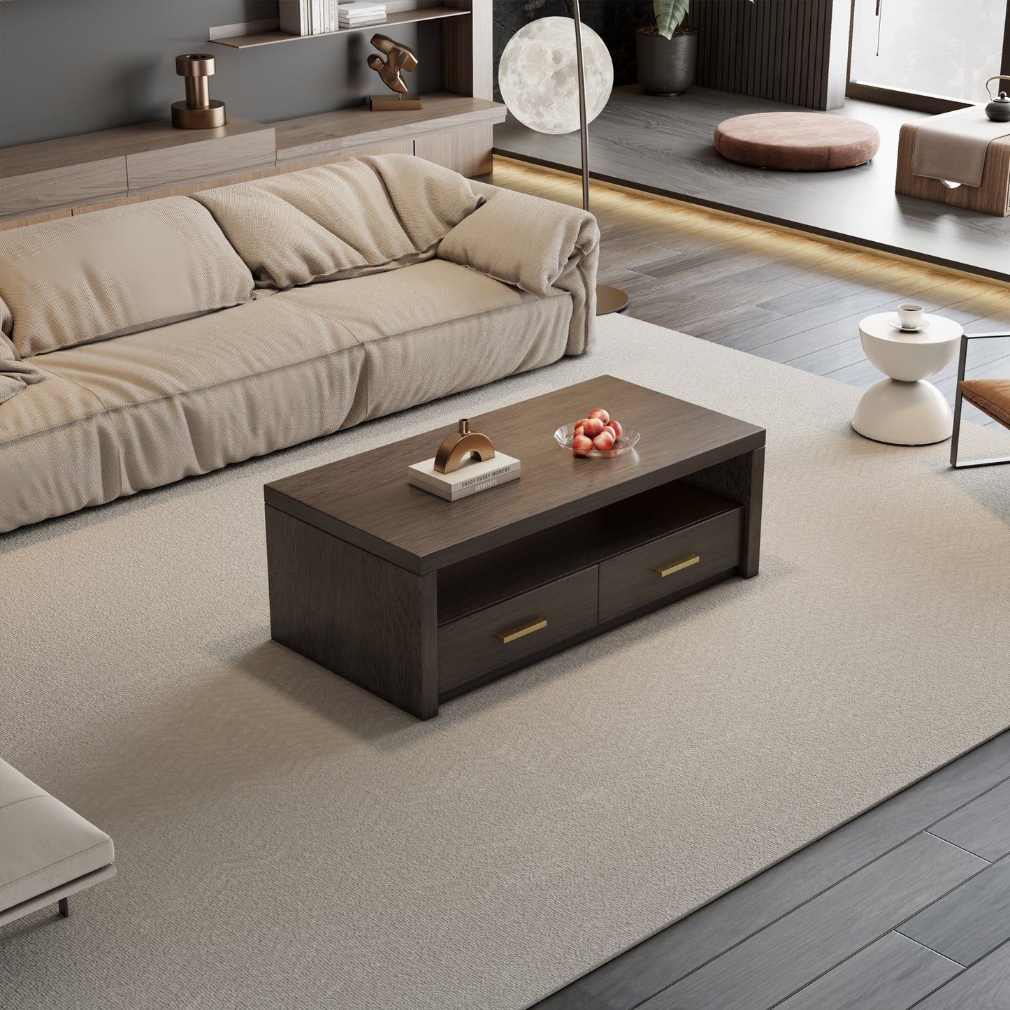 Guyii Walnut Brown Coffee Table with Storage, 47", 2 Drawers & Open Shelf