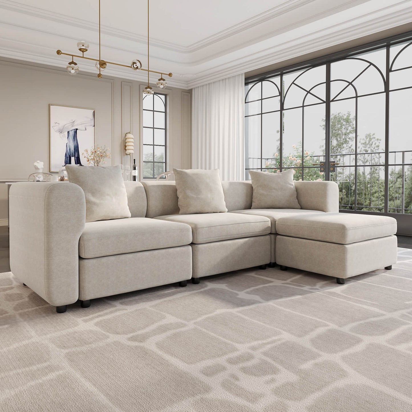 Guyii Beige Velvet Sectional Sofa, Modern Oversized 4-Seater Couch with 3 Pillows and 1 Storage Ottoman