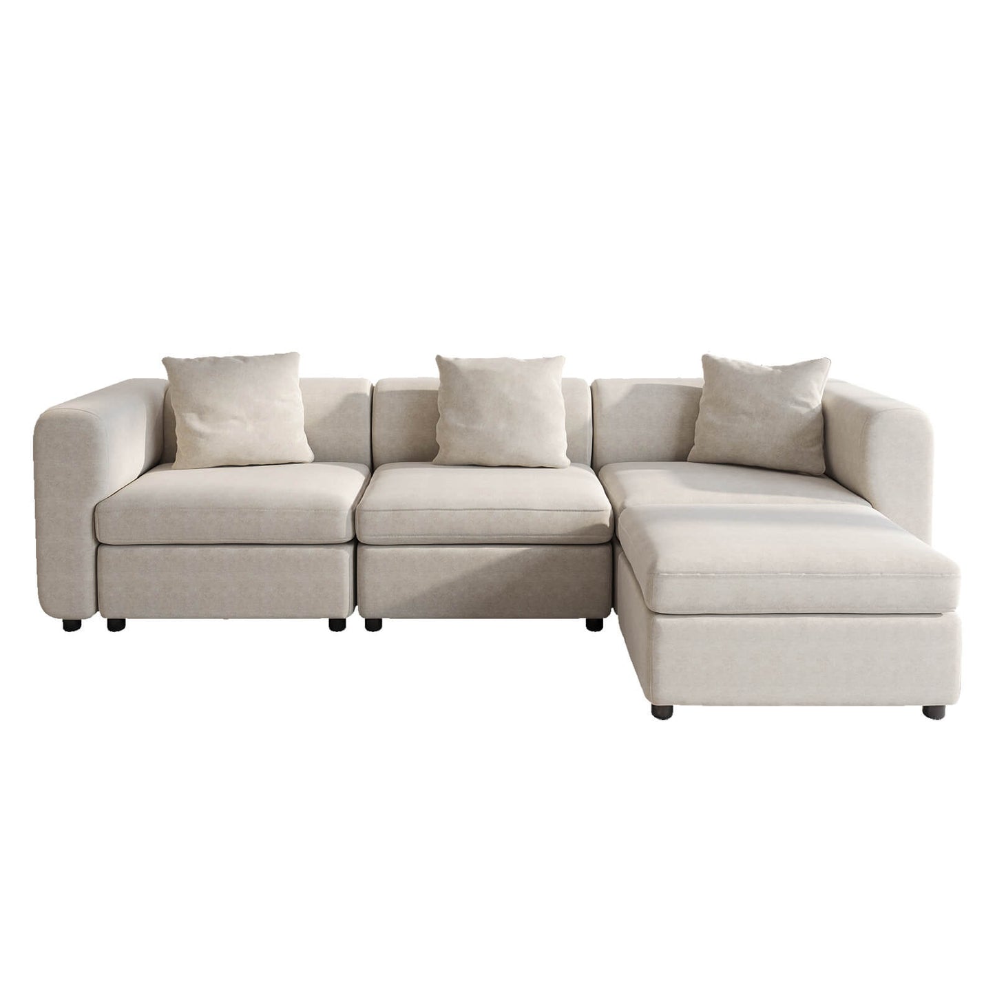 Guyii Beige Velvet Sectional Sofa, Modern Oversized 4-Seater Couch with 3 Pillows and 1 Storage Ottoman