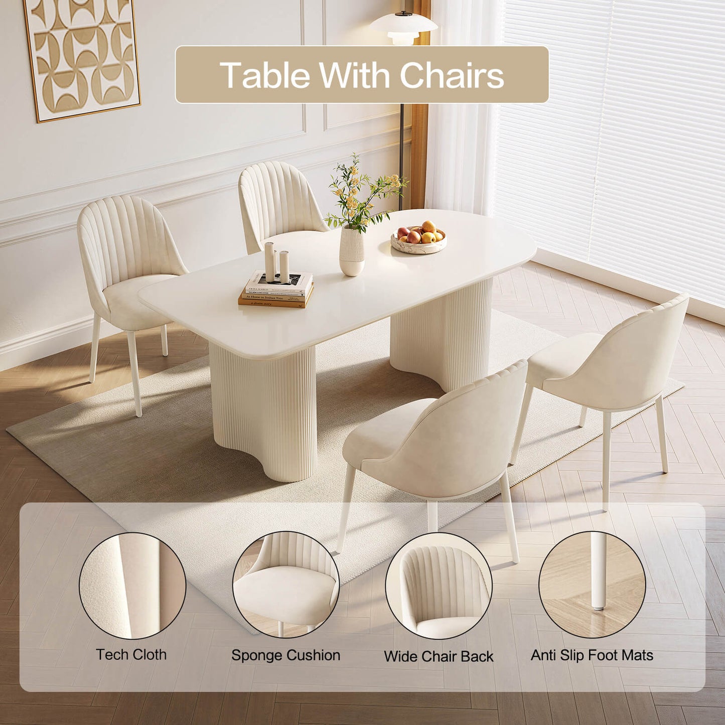 Guyii 62.99" White Dining Table Set with 4 Chairs, Modern Kitchen Table Set
