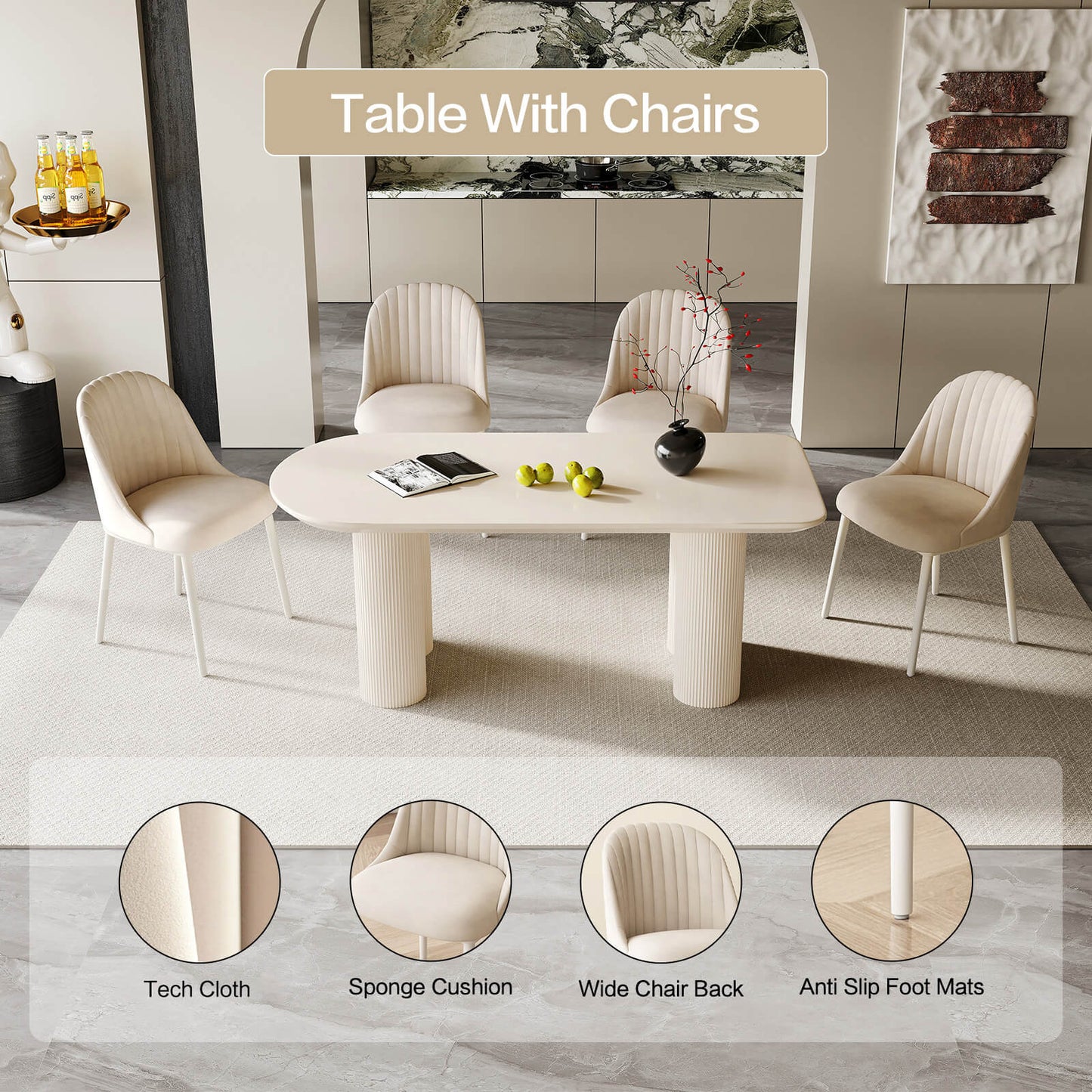 Guyii 70.87" White Dining Table Set with 6 Chairs, Modern Kitchen Table Set