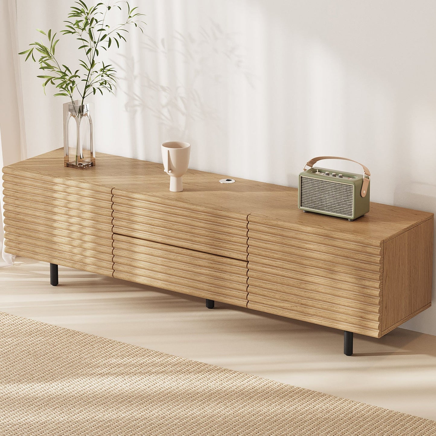 Guyii Modern TV Stand – Wood Color TV Cabinet with 2 Cabinets and 2 Storage Drawers for Living Room, Bedroom, and Home Entertainment