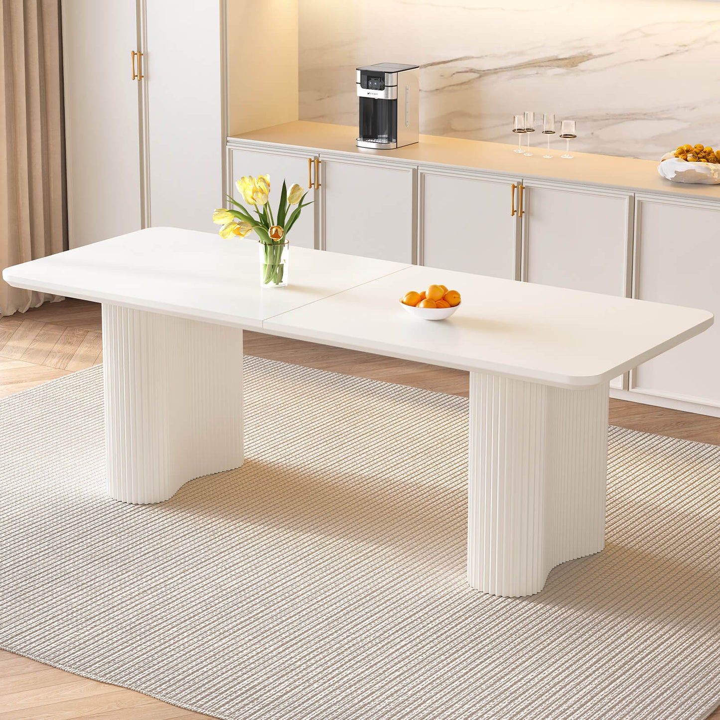 Guyii White Dining Table Set, Modern Rectangular Kitchen Table with 4-8 Chairs