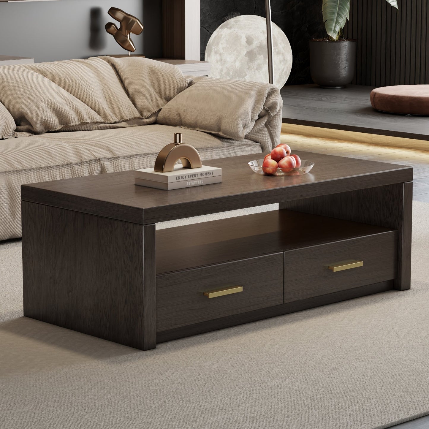 Guyii Walnut Brown Coffee Table with Storage, 47", 2 Drawers & Open Shelf