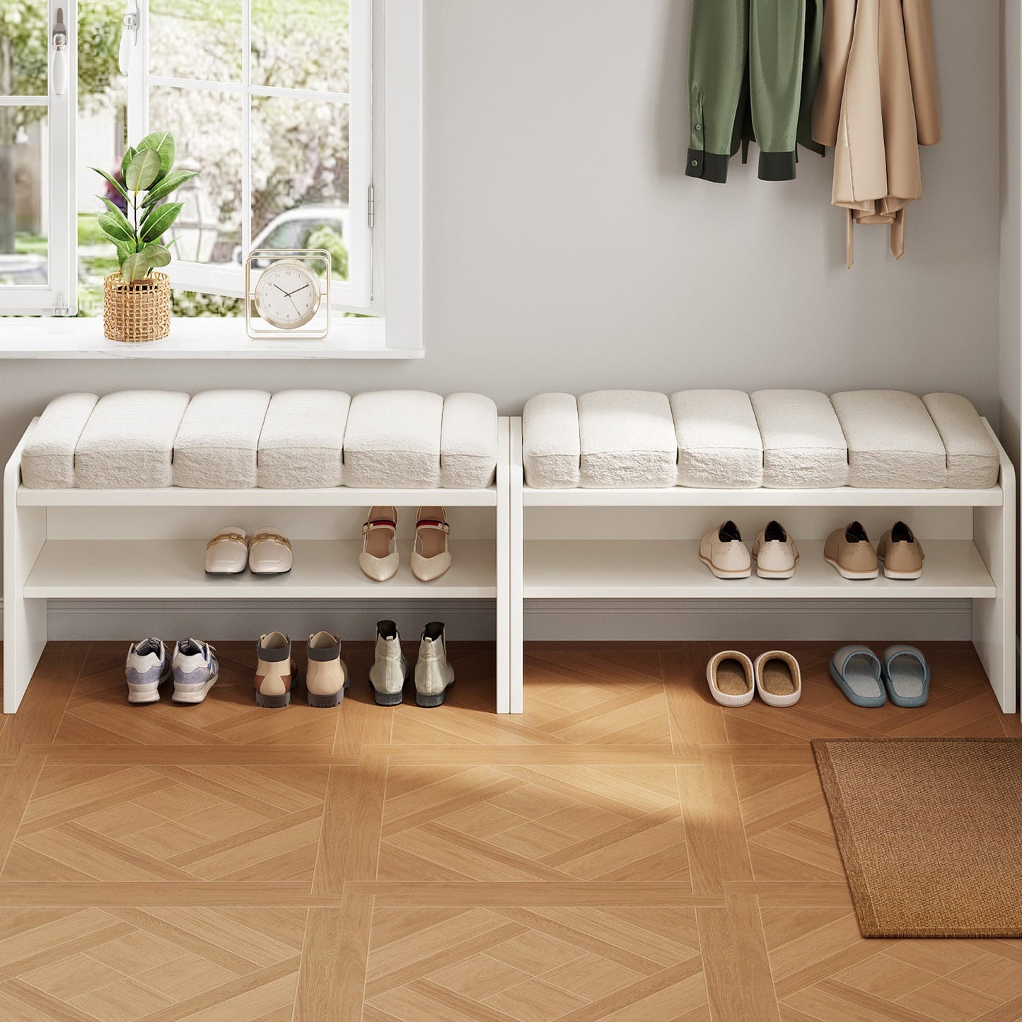 Guyii Cream White Shoe Bench with Storage – Modern Entryway Stool with Padded Seat for Bedroom, Hallway, Living Room