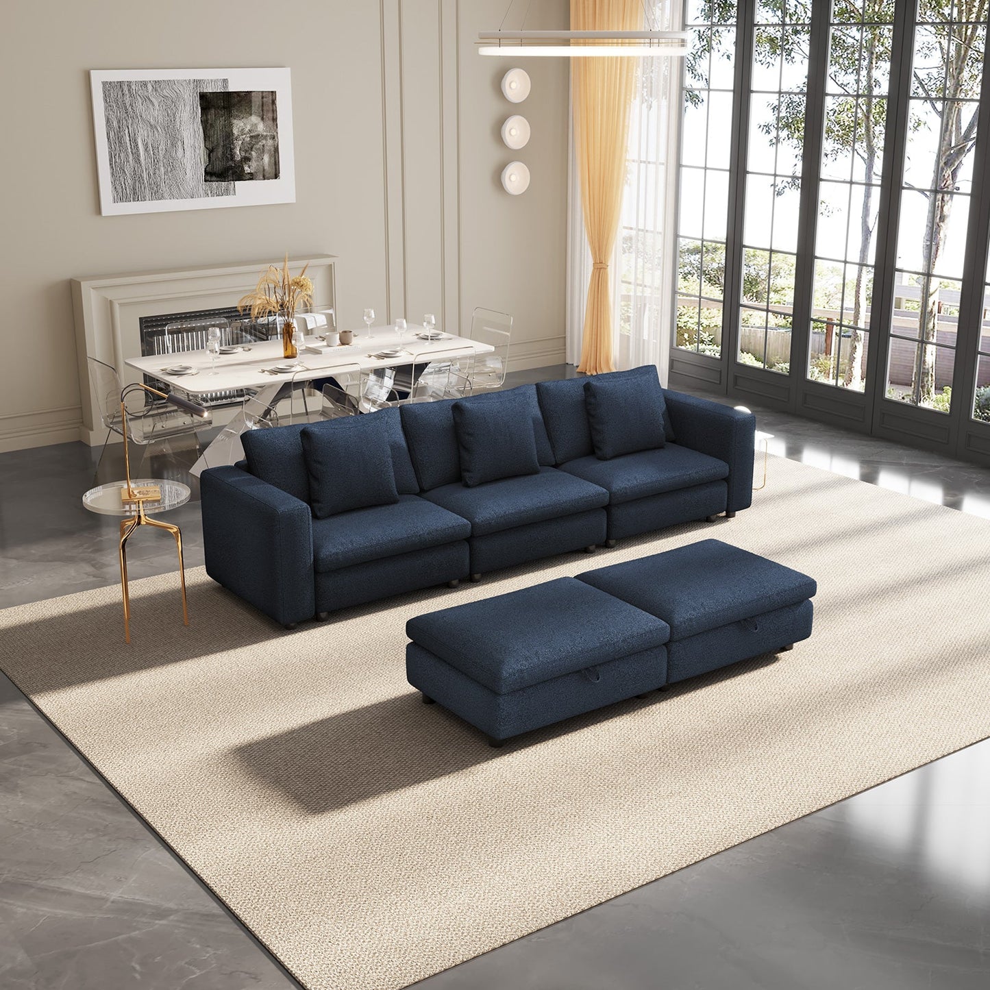 Guyii Oversized Sectional Sofa with Storage Ottoman, 4-9 Deep Seat Modular Couch for Living Room, Blue Fabric