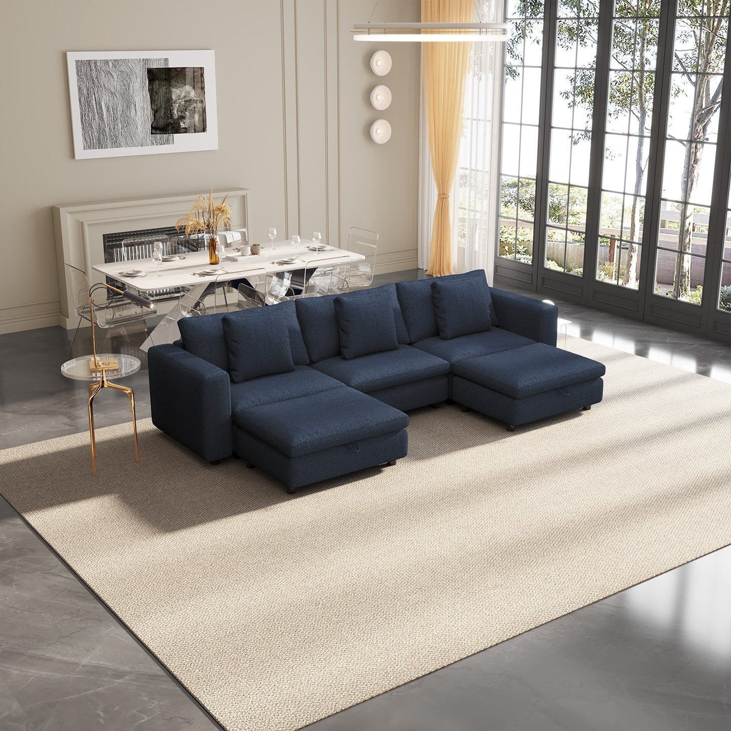 Guyii Oversized Sectional Sofa with Storage Ottoman, 4-9 Deep Seat Modular Couch for Living Room, Blue Fabric