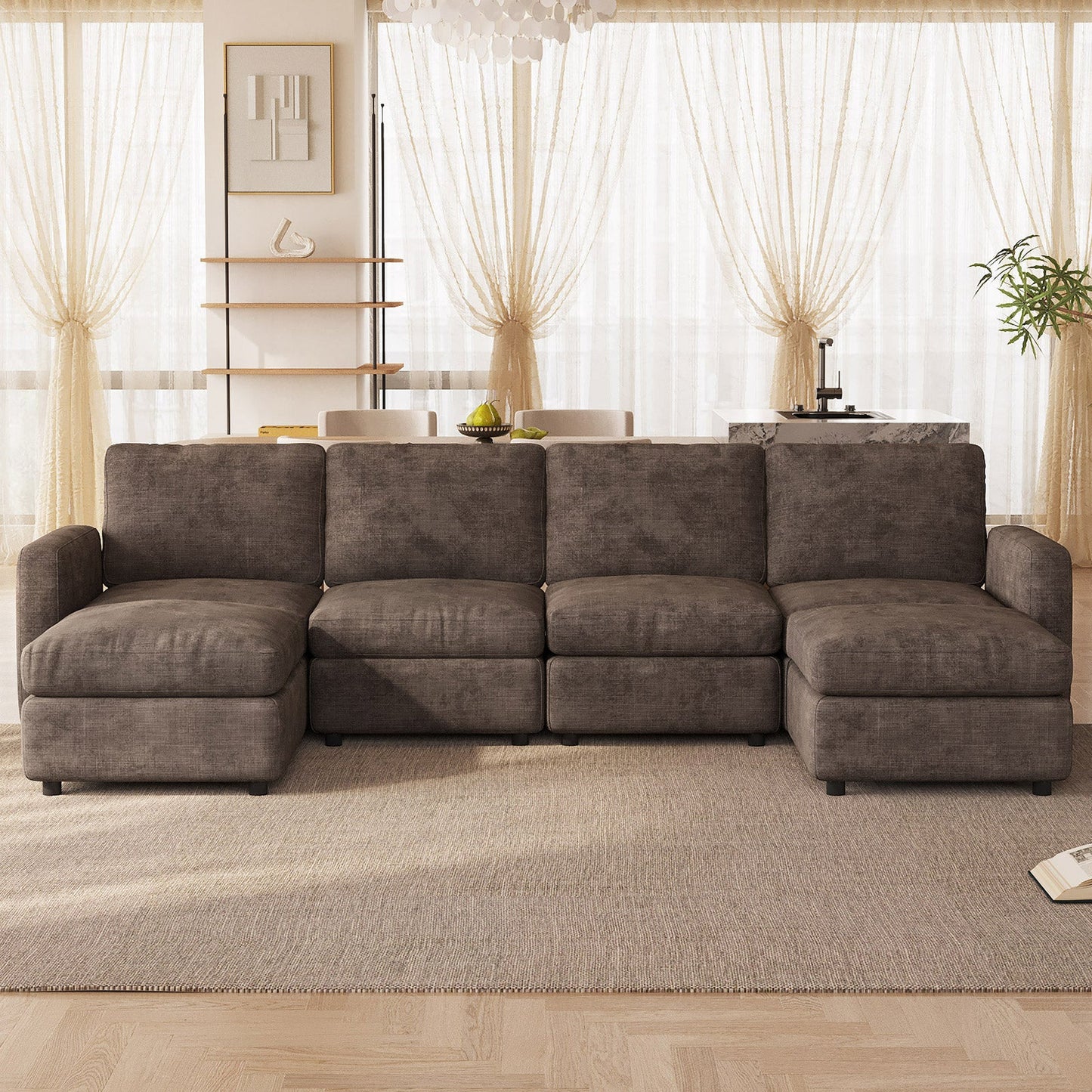 Guyii Oversized Modular Sectional Sofa, Dark Brown 4-9 Seater U-Shaped Convertible Couch with Storage Ottomans, Fabric, Easy Assembly