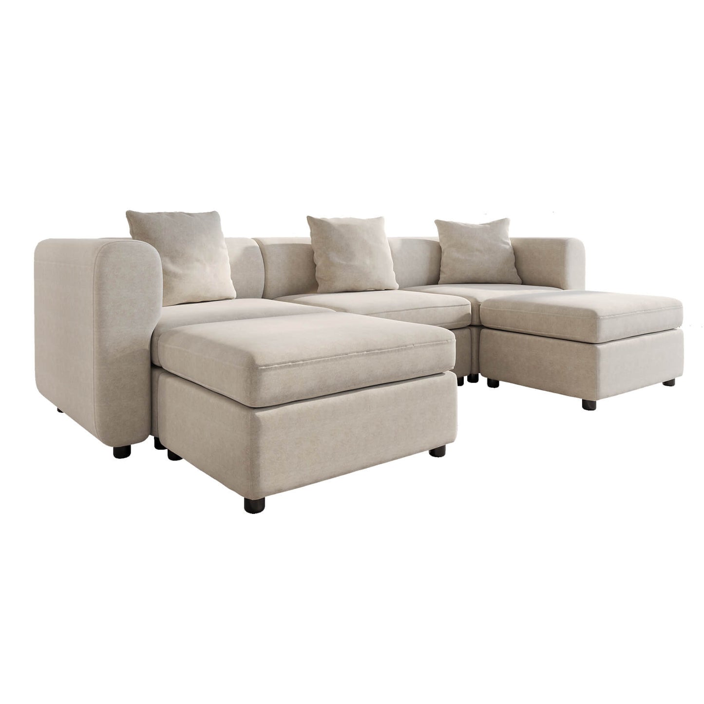 Guyii Beige Velvet Sectional Sofa, Modern Oversized 5-Seater Couch with 3 Pillows and 2 Storage Ottomans