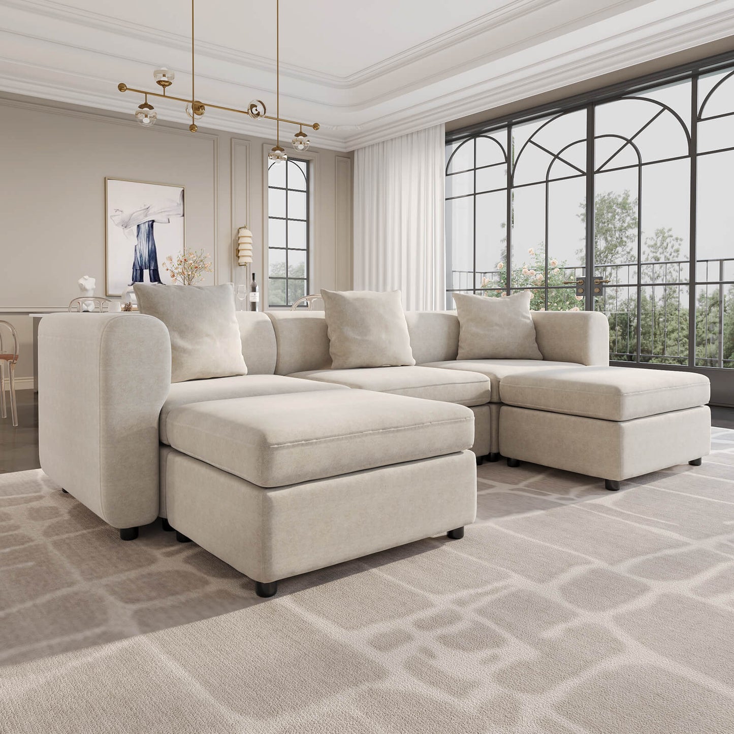 Guyii Beige Velvet Sectional Sofa, Modern Oversized 5-Seater Couch with 3 Pillows and 2 Storage Ottomans