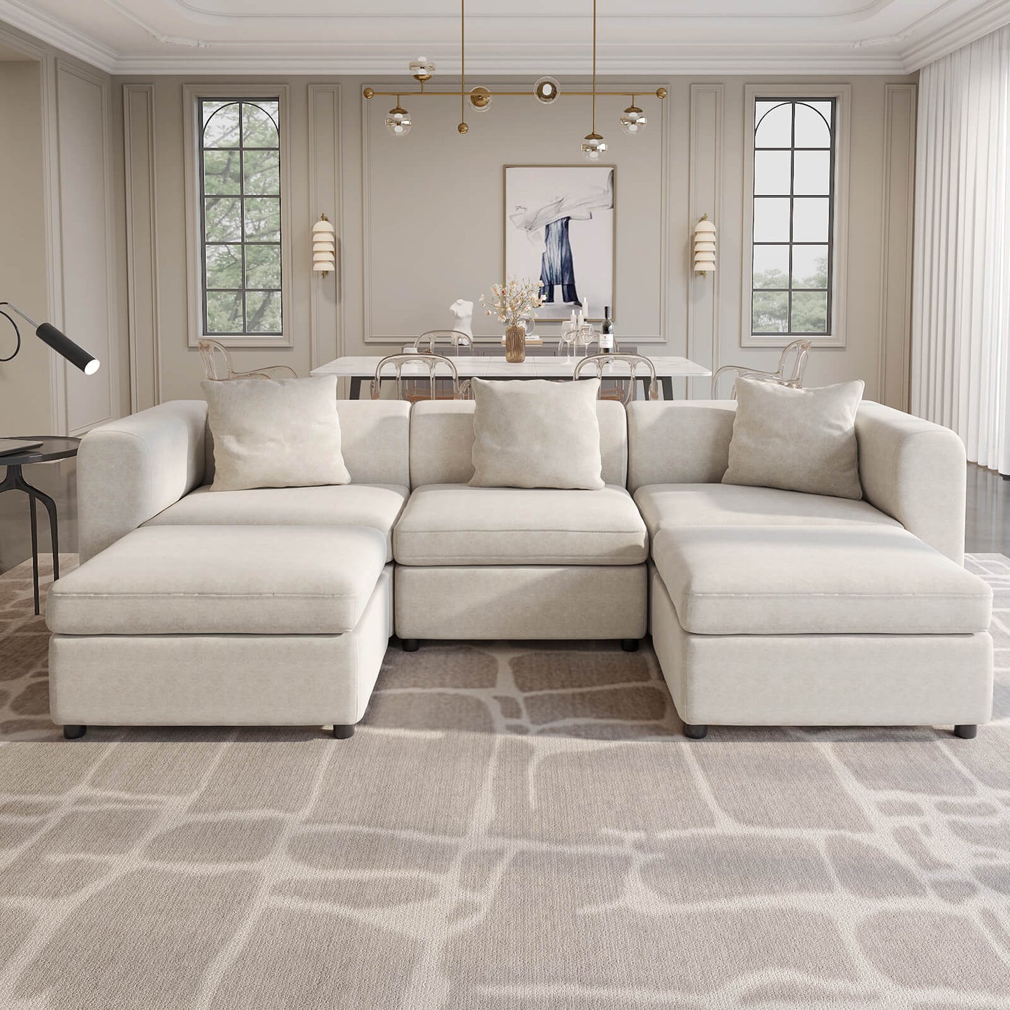 Guyii Beige Velvet Sectional Sofa, Modern Oversized 5-Seater Couch with 3 Pillows and 2 Storage Ottomans
