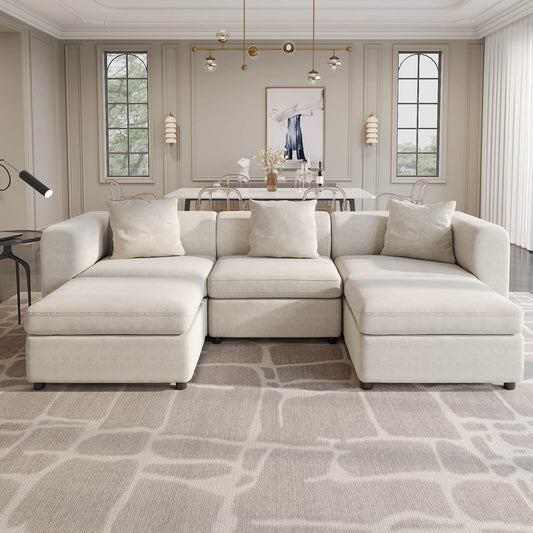 Guyii Beige Velvet Sectional Sofa, Modern Oversized 5-Seater Couch with 3 Pillows and 2 Storage Ottomans