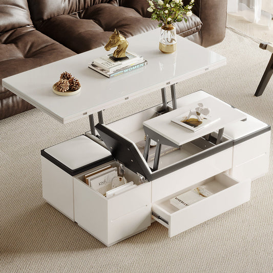 Guyii Extendable Coffee Table with 4 Storage Stools, Multifunctional Lift Top Folding Dining Table for Living Room|G520-UK