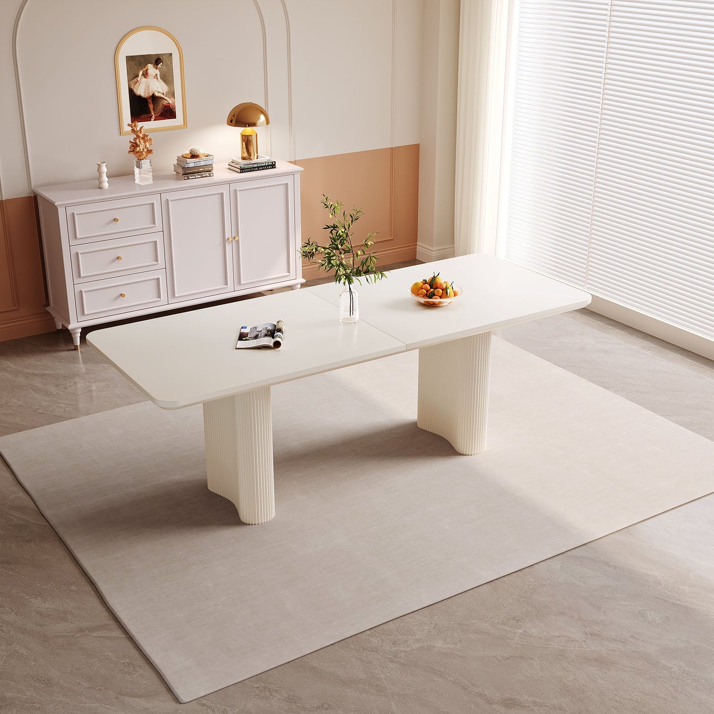 Guyii 63"-79" White Rectangular Dining Table, Modern Kitchen Table for Dining Room