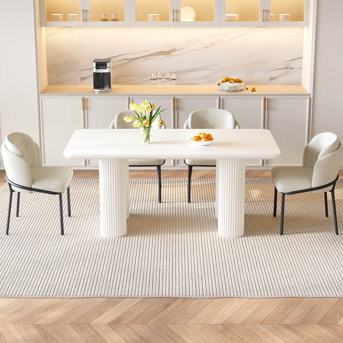 Guyii White Dining Table Set, Modern Rectangular Kitchen Table with 4-8 Chairs