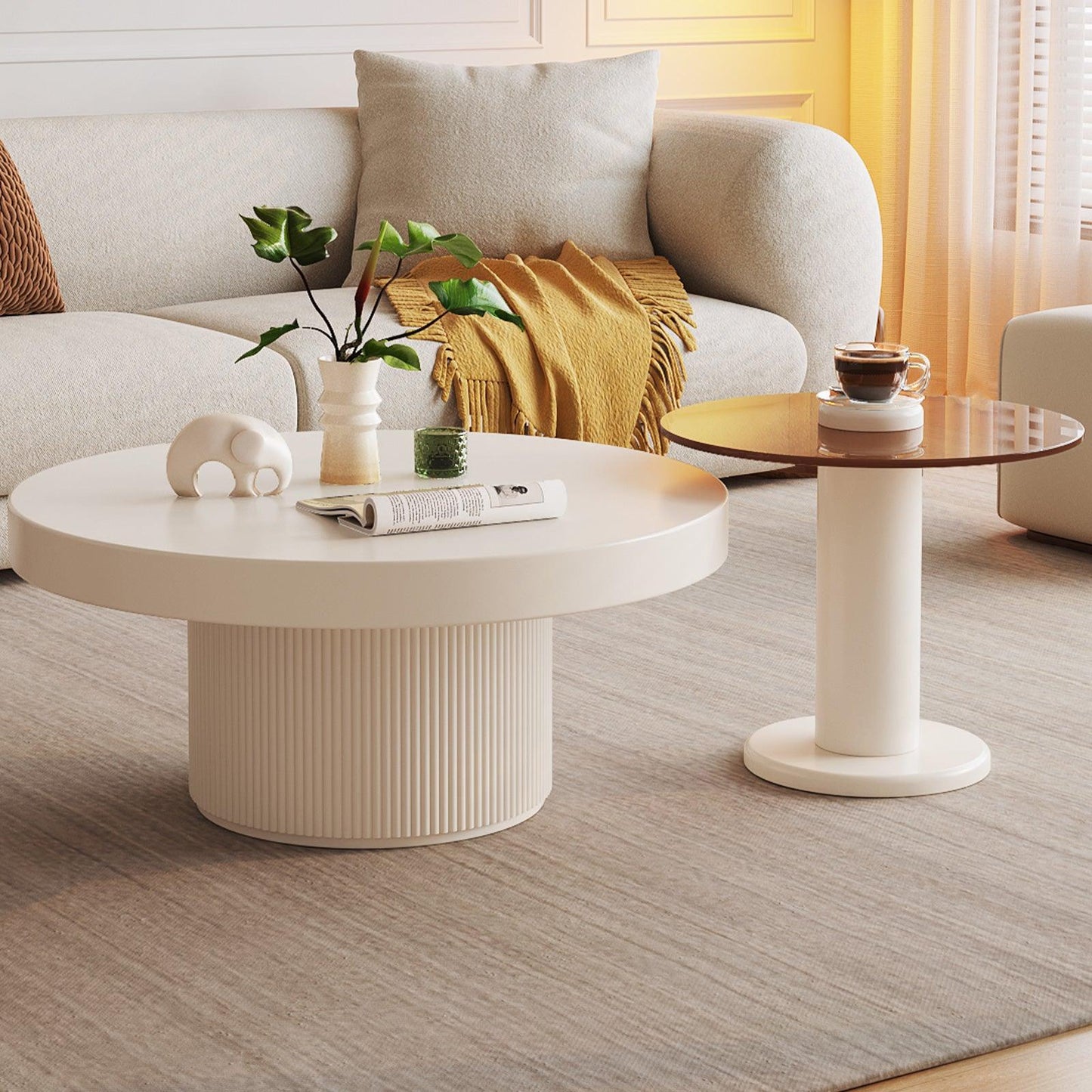Guyii Round Nested Coffee Table Set, Creamy White & Glass Side Table for Living Room