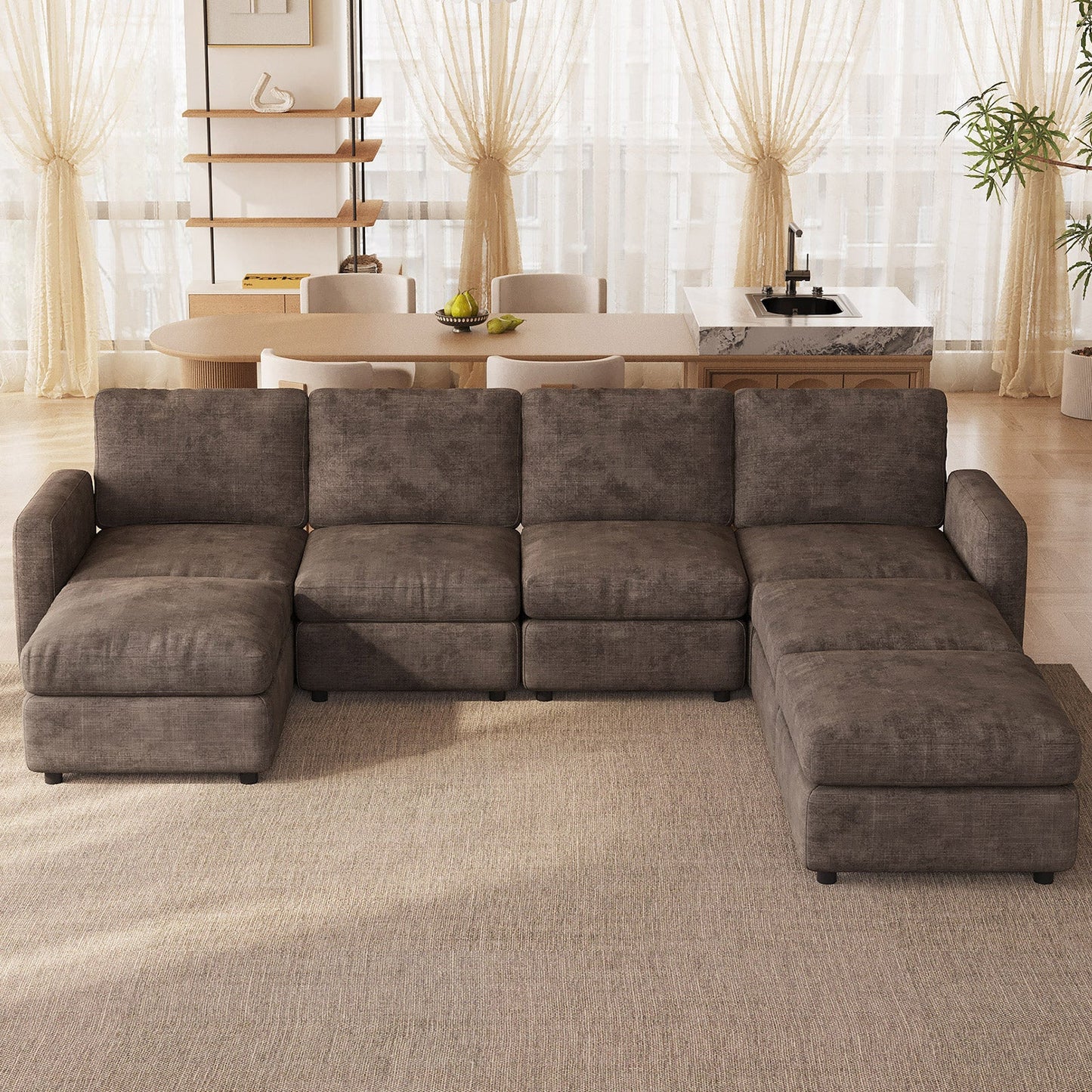 Guyii Oversized Modular Sectional Sofa, Dark Brown 4-9 Seater U-Shaped Convertible Couch with Storage Ottomans, Fabric, Easy Assembly