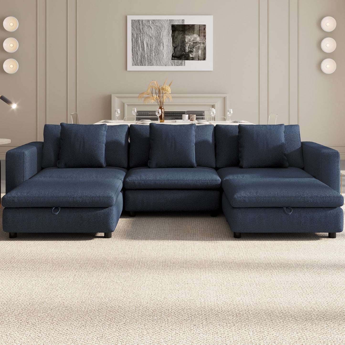 Guyii Oversized Sectional Sofa with Storage Ottoman, 4-9 Deep Seat Modular Couch for Living Room, Blue Fabric