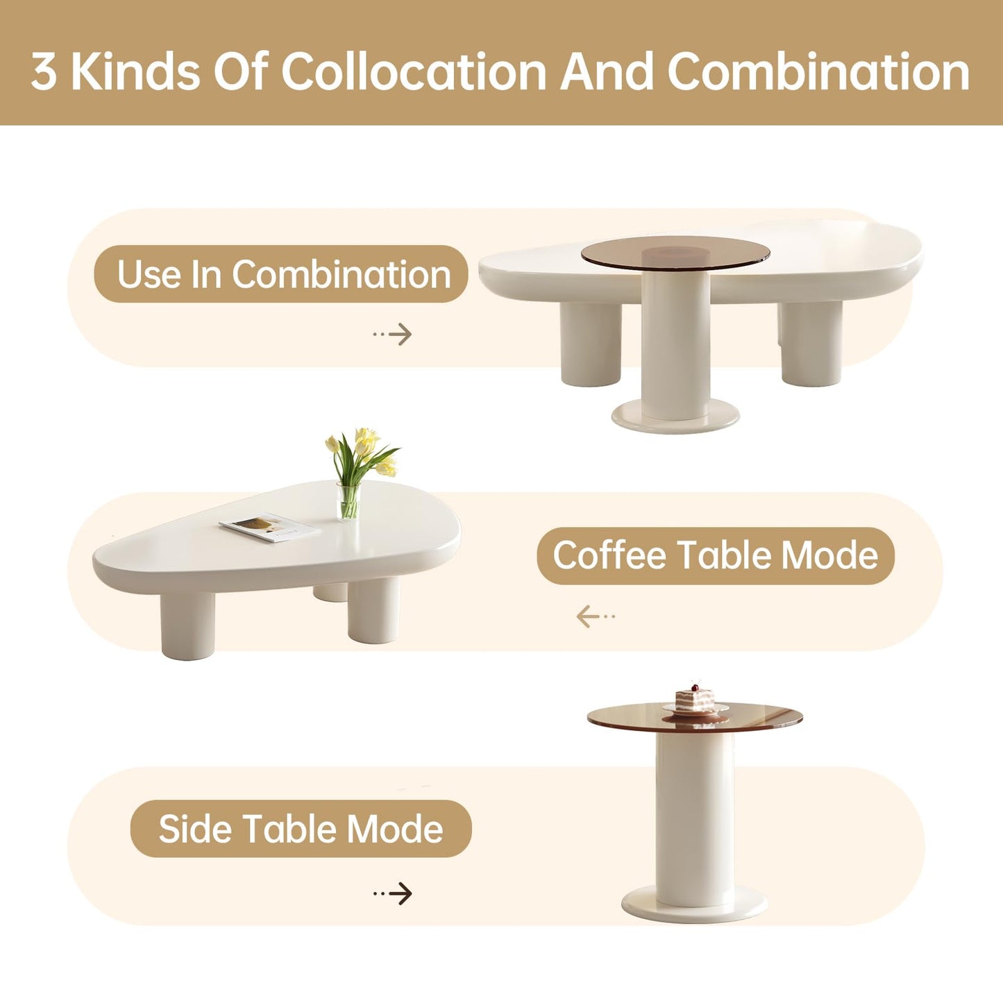 Guyii Nesting Coffee Table, 2-in-1 Modern Coffee Table, Triangle Coffee Table and Small Round Side Table L1740-UK