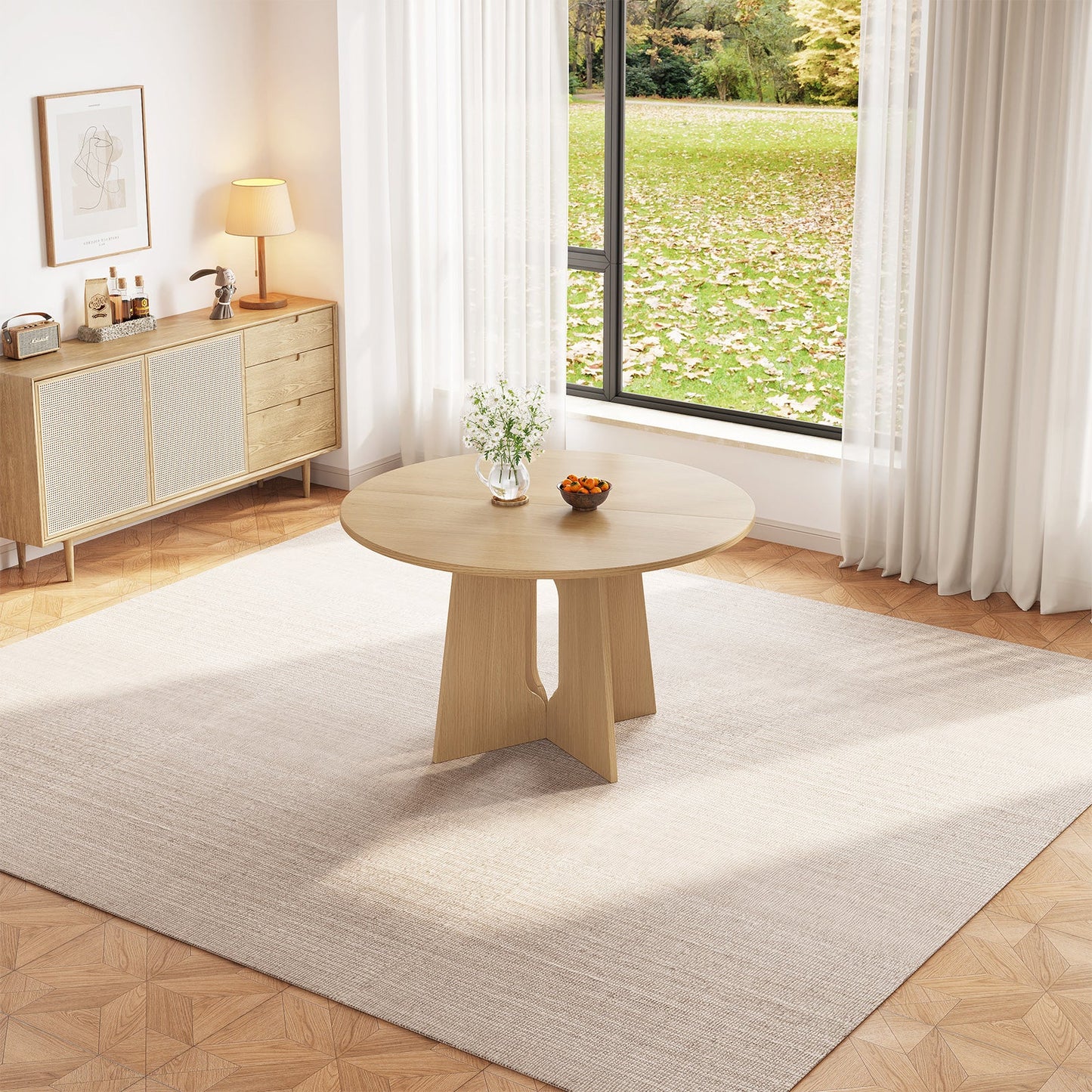 Guyii wood color round dining table for 4 people with X-shaped legs for restaurant breakfast nook