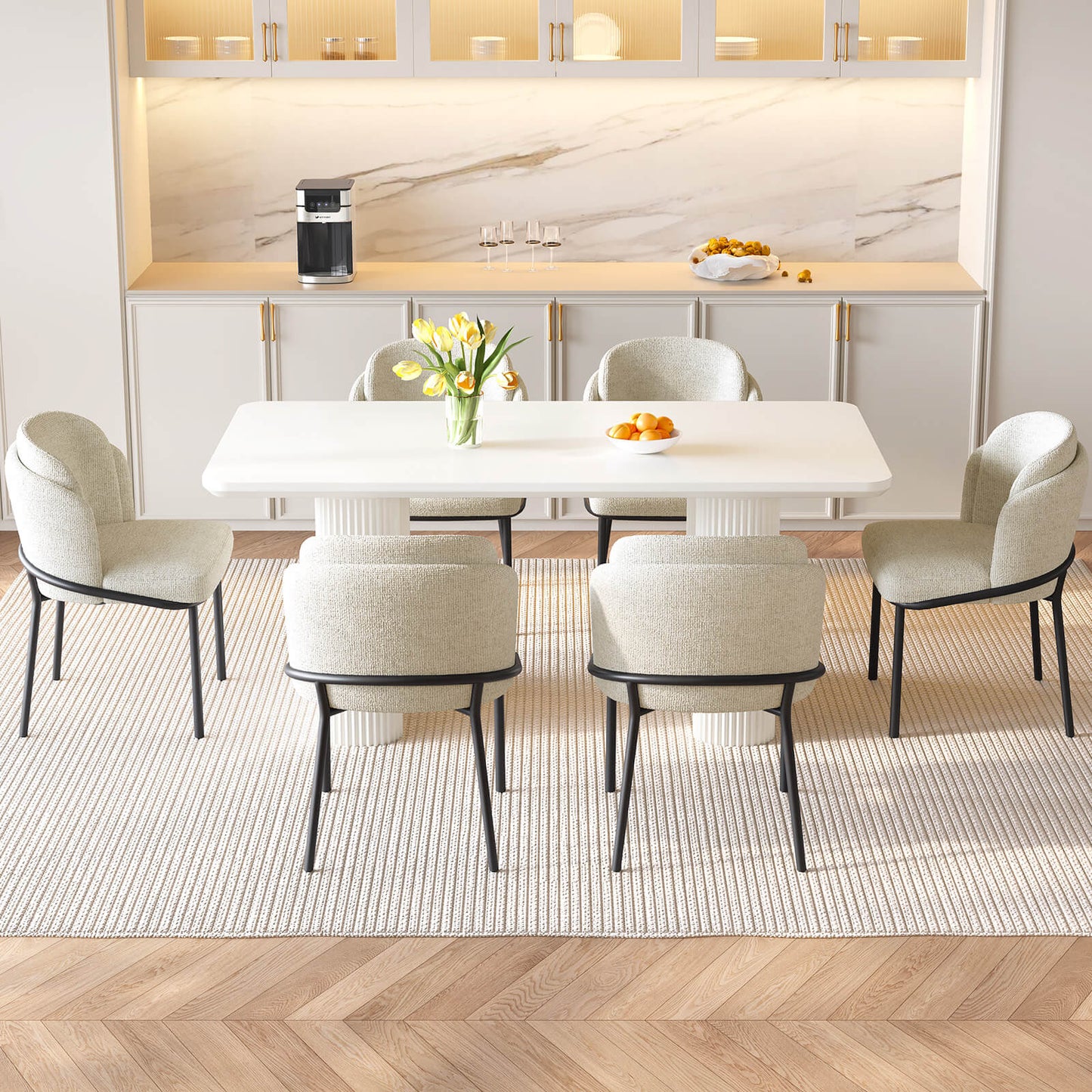 Guyii White Dining Table Set, Modern Rectangular Kitchen Table with 4-8 Chairs