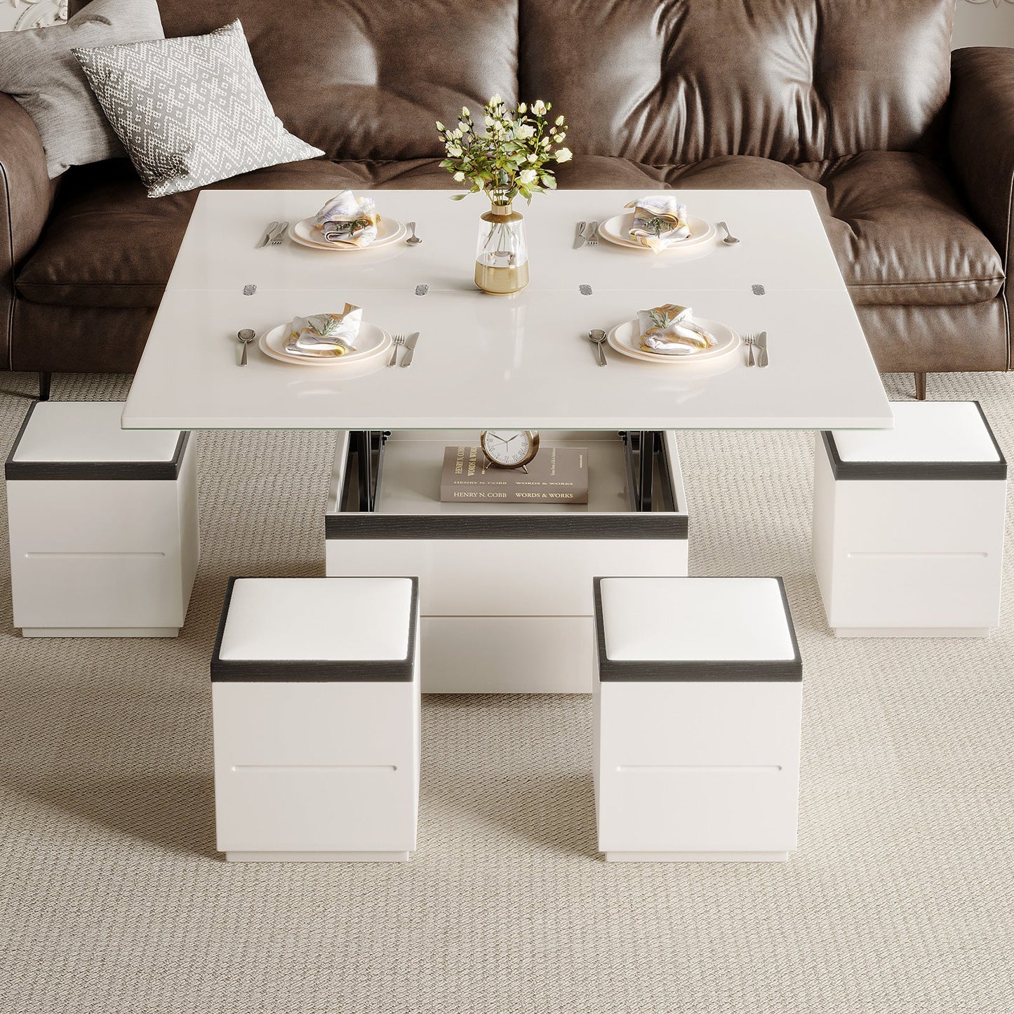 Guyii Extendable Coffee Table with 4 Storage Stools, Multifunctional Lift Top Folding Dining Table for Living Room|G520-UK