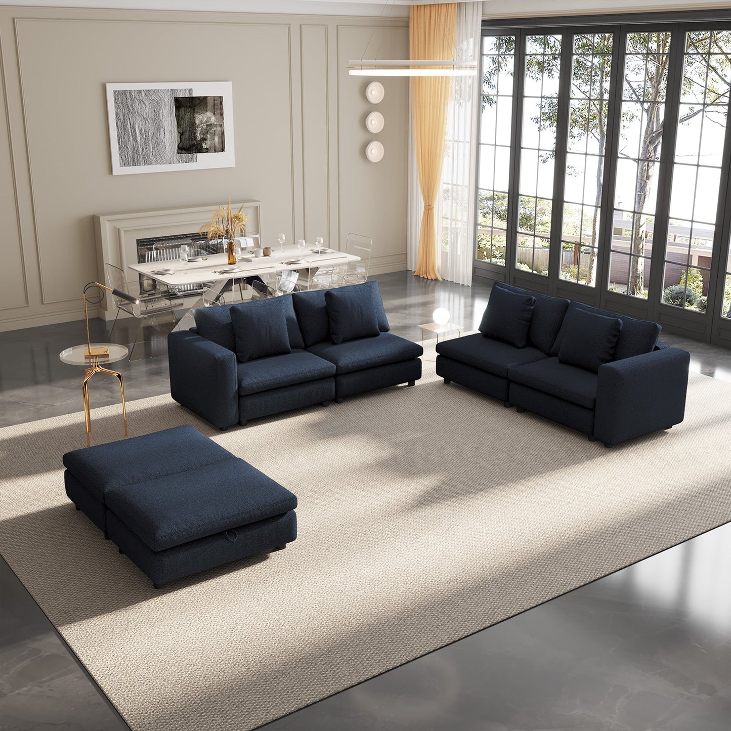 Guyii Oversized Sectional Sofa with Storage Ottoman, 4-9 Deep Seat Modular Couch for Living Room, Blue Fabric