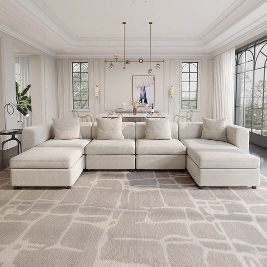 Guyii Beige Velvet Sectional Sofa, Modern Oversized 6-Seater Couch with 4 Pillows and 2 Storage Ottomans