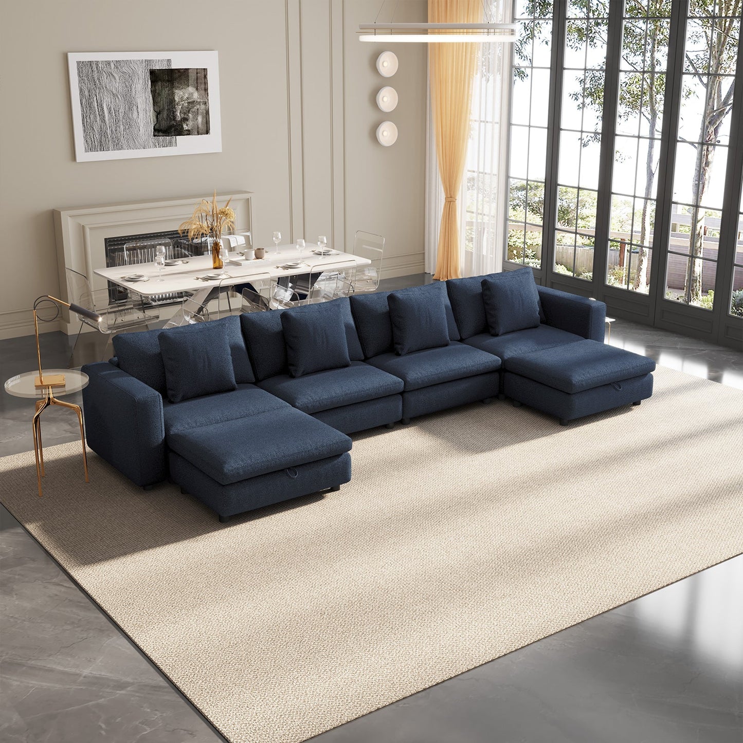 Guyii Oversized Sectional Sofa with Storage Ottoman, 4-9 Deep Seat Modular Couch for Living Room, Blue Fabric