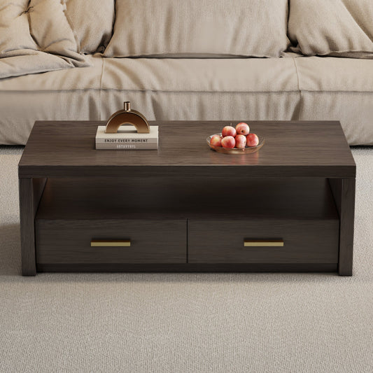 Guyii Walnut Brown Coffee Table with Storage, 47", 2 Drawers & Open Shelf